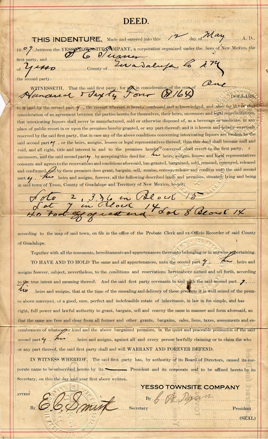 <yesso townsite company guadalupe county deed indenture 1909>