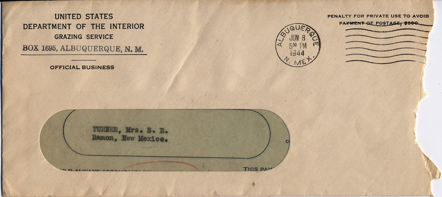 <united states department of the interior grazing service box 1695, albuquerque, NM 1944 Turner, Mrs. S. E. Ramon, New Mexico>