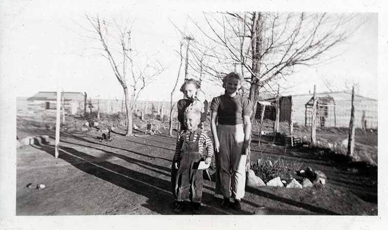 <Terry Adrienne cousin jean. grandma turner's house and adron's shop shown in the background>