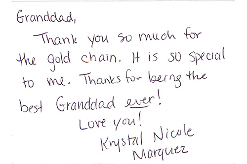 <thank you card from krystal gold chain best grandad ever>