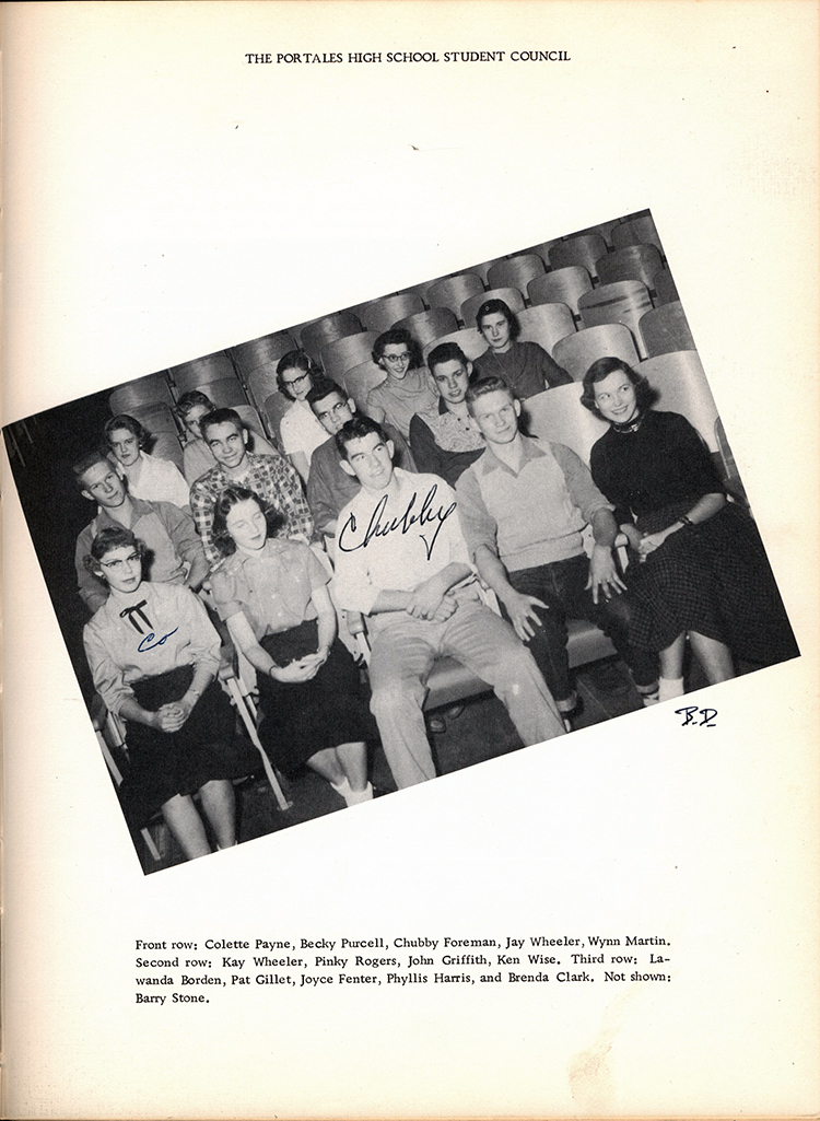 <portales high student council chub foreman jay wheeler kay wheeler pinky rogers lawanda borden colette payne becky purcell wynn martin john griffith ken wise pat gillet joyce fenter phyllis harris brenda clark>