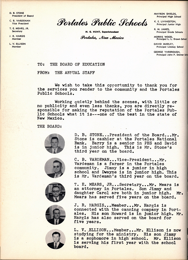 <D. B. Stone The president of board of education. C. B. Vardeman is a frrmer T. E. Mears is an attorney in portales J. R. Hargis connectec with the carring company in portales L. V. Ellison studying for the ministry. >