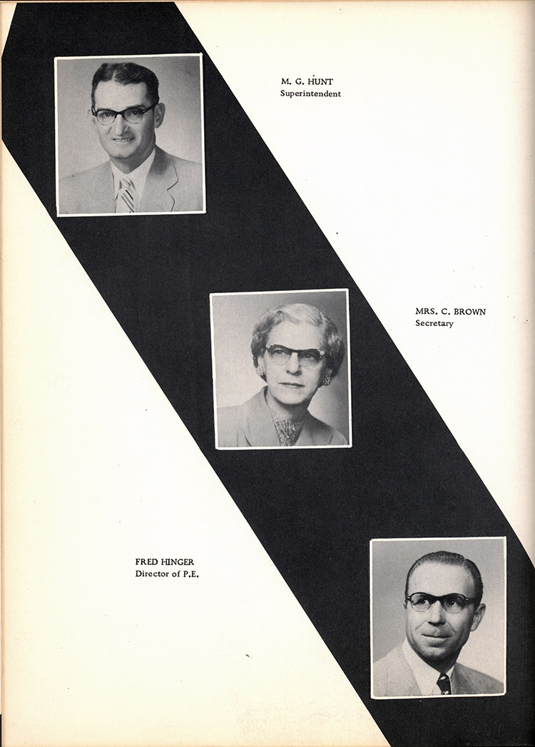 <m. g. hunt superintendent Mrs. c. brown secretary Fred Hinger Director of P. E. >