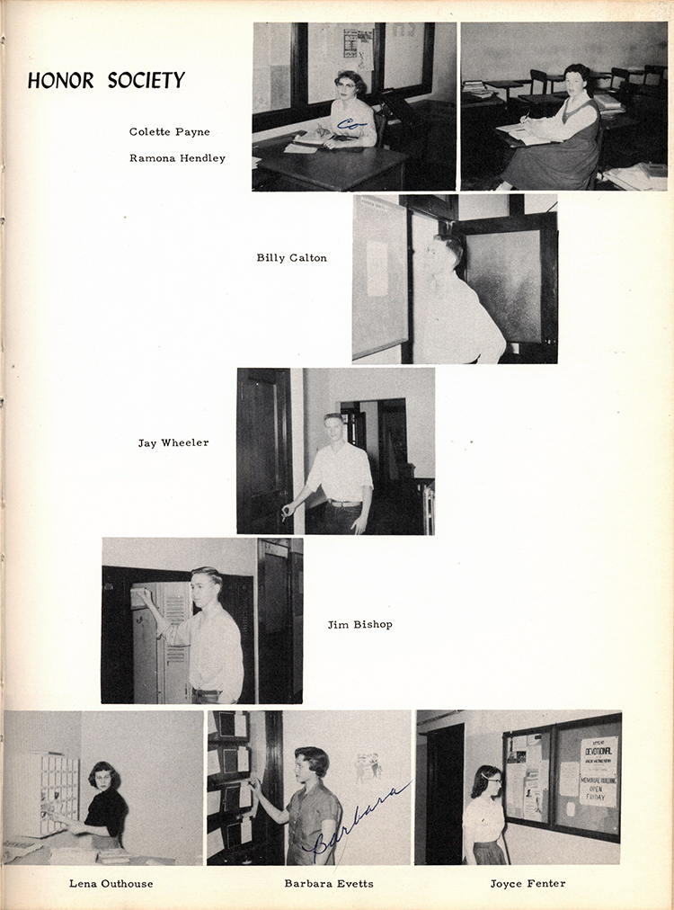 <honor society colette payne ramona hendley billy calton jay wheeler jim bishop lena houthouse barbara evetts joyce fenter>