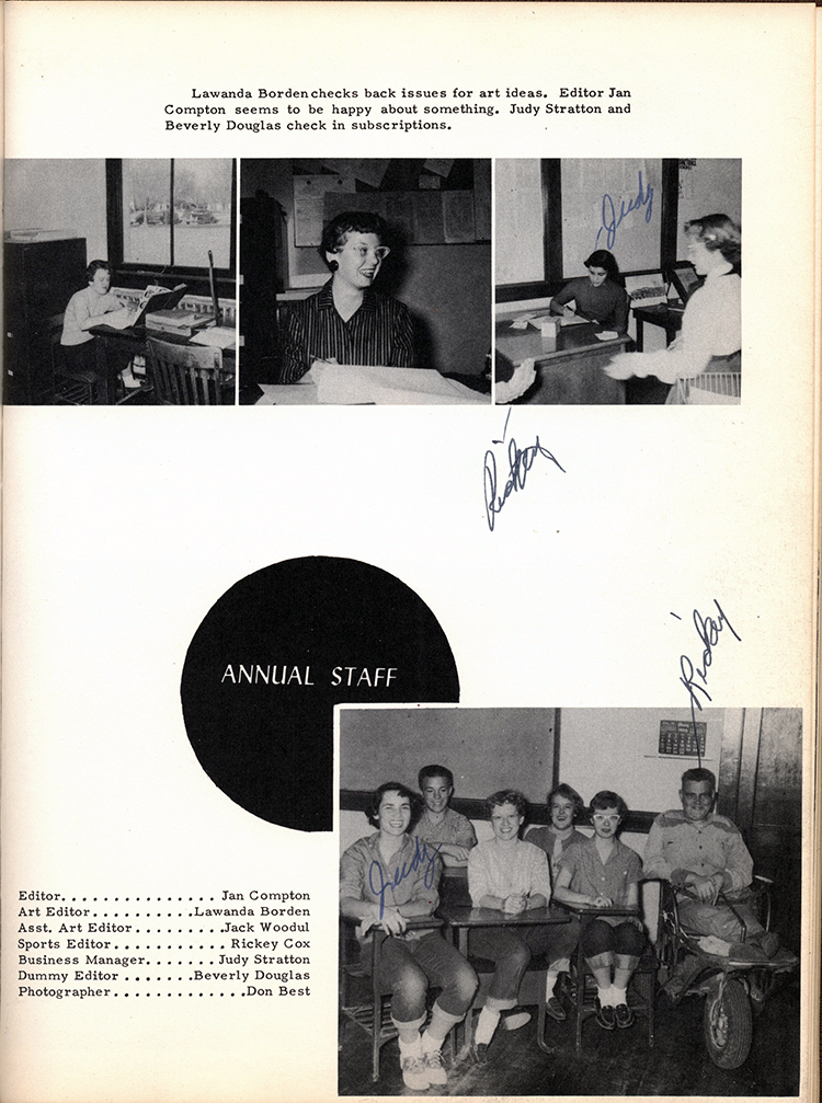 <annual staff editor jan compton, art editor Lawanda Borden, Asst. Art Editor Jack Woodul, Sports Editor Rickey Cox, Business Manager Judy Stratton, Dummy Dditor Beverly Douglas, Photographer Don Best>