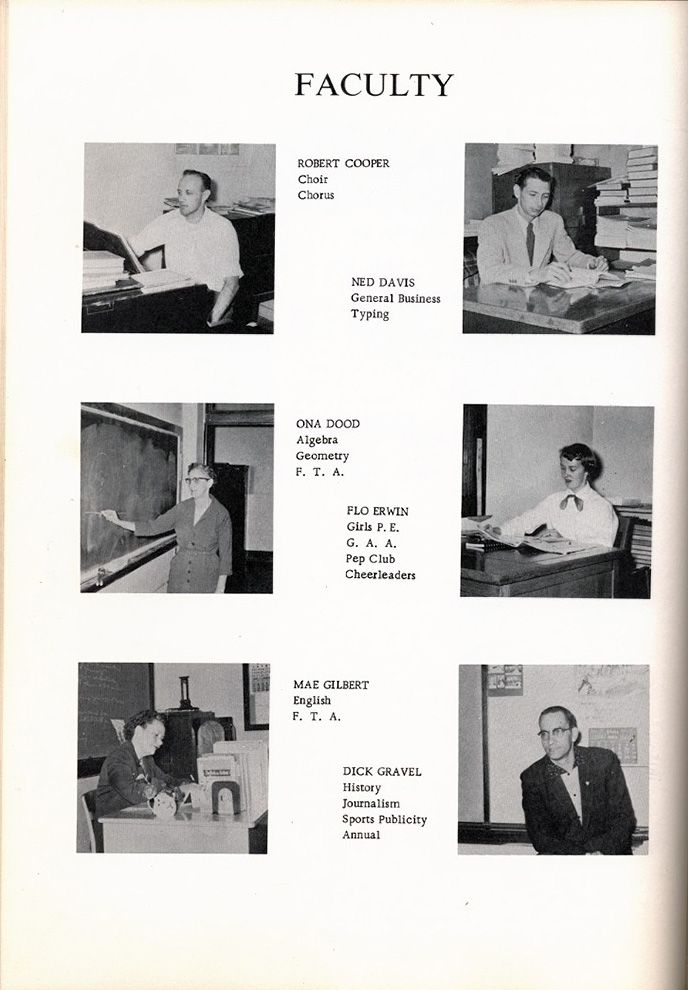 <robert cooper choir chorus ned davys general business typing ana dodd algebra geometry F. T. A. flo Erwin Girls P. E. G. A. A. Pep Club Cheerleaders Mae Gilbert English F. T. A. Dick Gravel History Journalism sports Publicity Annual>