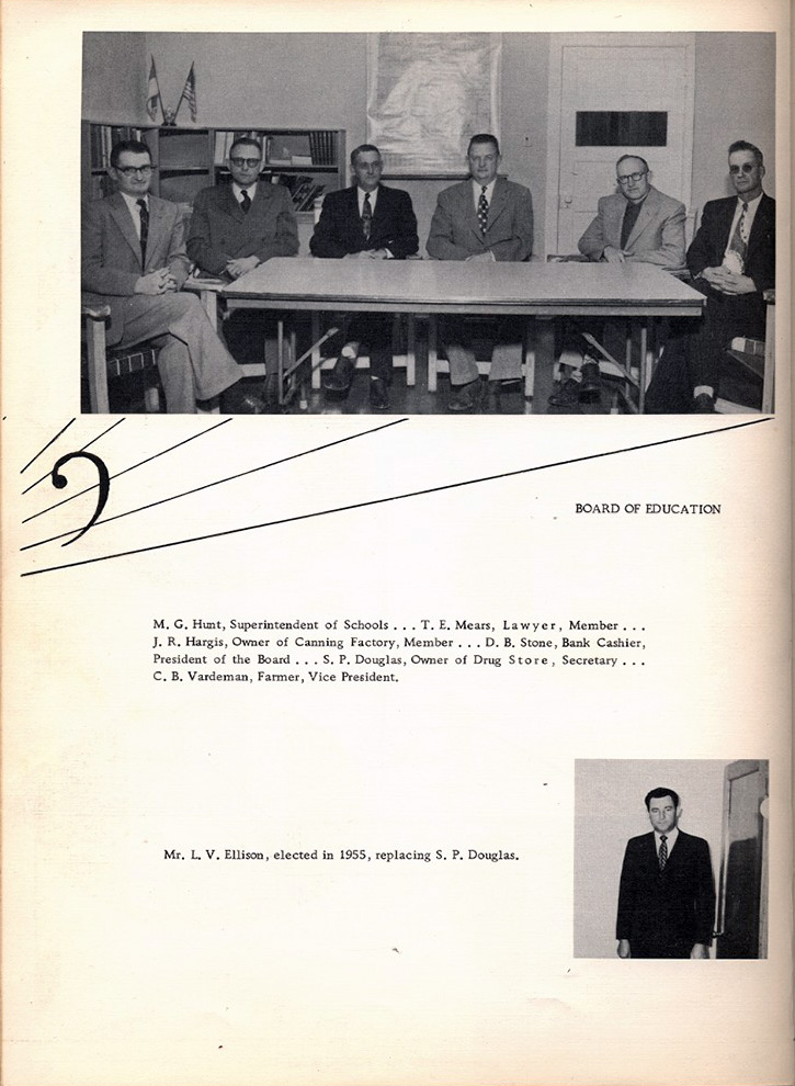 <board of education m. g. hunt superintendent of schools t. e. mears lawyer j. R. Hargis owner of canning factory d. .b. stone bank cashier s. p. douglas owner of drug store c.b. vardeman farmer mr. l. v. ellison >