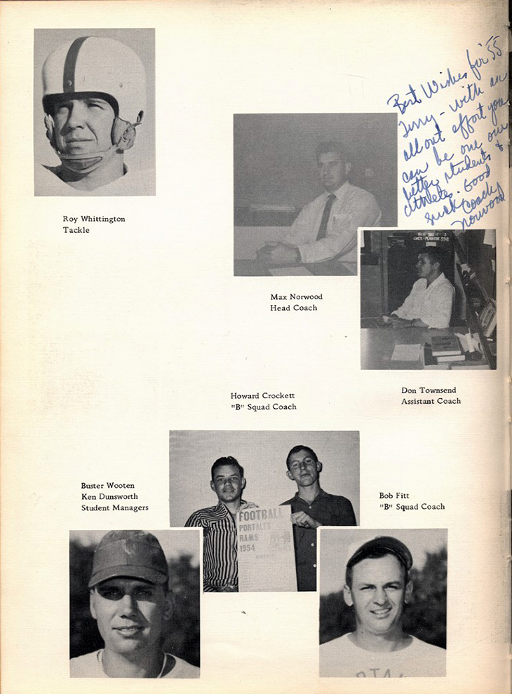 <roy whittington tackle max norwood head coach don townsend assistant coach buster wooten ken dunsworth student managers bob fitt "b" squad coach>